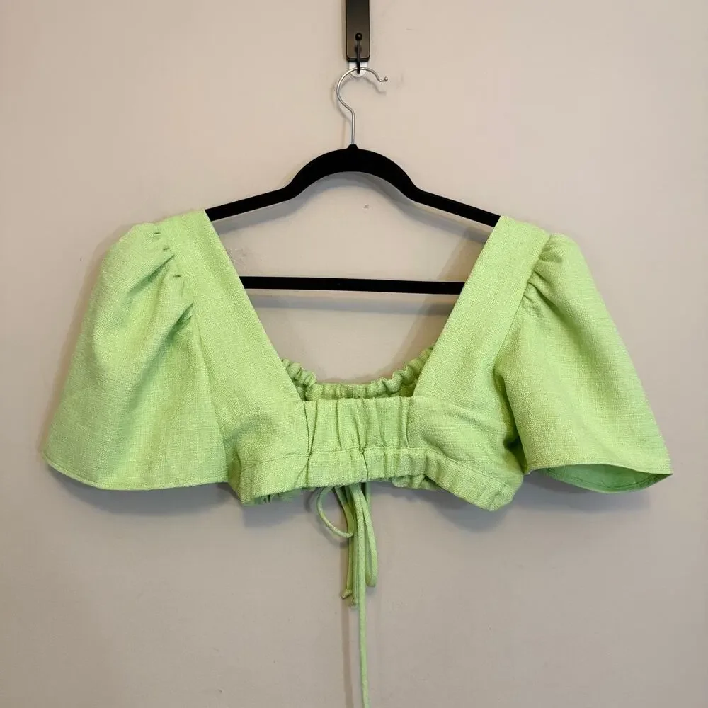 Ciao Lucia Crop Top Wrap Skirt Set S Green Puff Sleeve Summer Resort Coquette